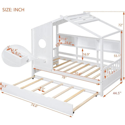 Twin Size House Bed with Trundle, Wooden Daybed Frame with Roof/Window/Guardrail and Storage Shelf for Kids, Teens Boys or Girls