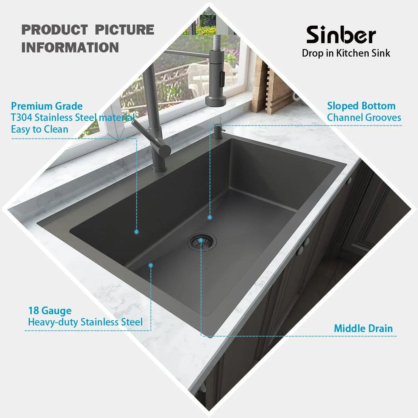 33"" X 22"" X 9"" Drop In Single Bowl Kitchen Sink With 18 Gauge 304 Stainless Steel Black Finish Ht3322S-9-B (Sink Only)