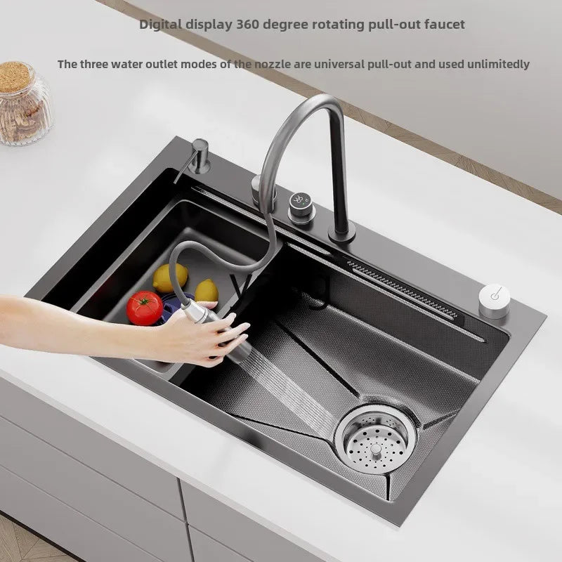 YJQ kitchen sink large single slot embossed small rice waterfall handmade stainless steel vegetable basin under the counter