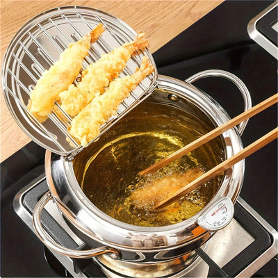 SUS304 stainless steel fryer, household Japanese tempura fryer, mini fryer with thermometer for French fries and fried chicken