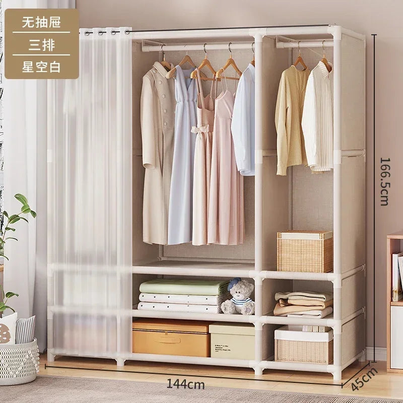 Simple Assembly Wardrobe with Drawer, Dustproof Bedroom Clothing Storage Cabinet, Home Organizer Shelves, Easy Access