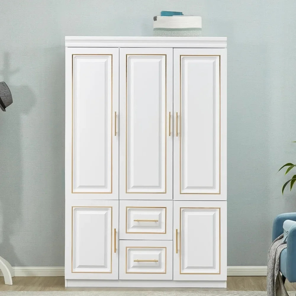 74" H Freestanding Clothes Storage Closet Bedroom Armoires Wood Wardrobe Storage Closet Cabinet with Hanging Rod Shelf 2 Drawers