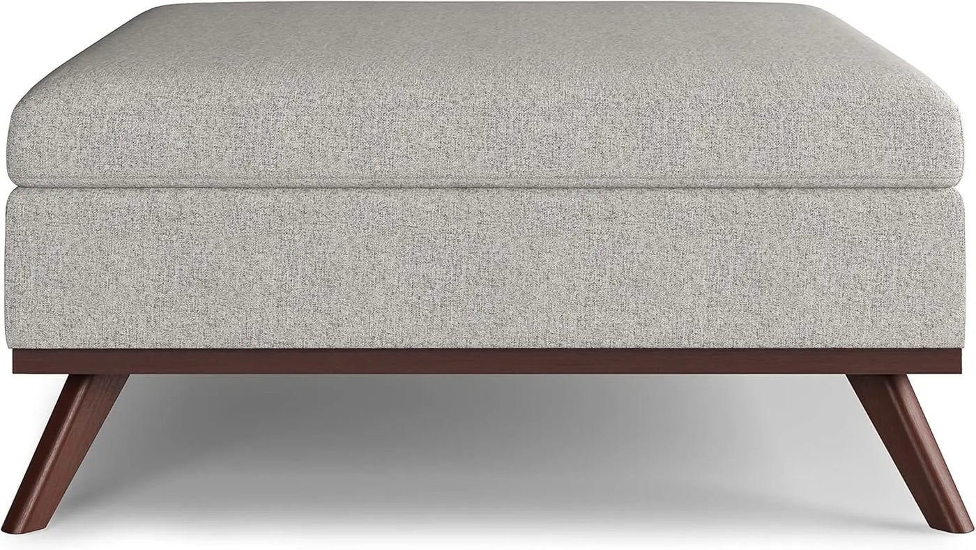 SIMPLIHOME Owen 36 Inch Wide Mid Century Modern Square Coffee Table Lift Top Storage Ottoman Upholstered Cloud Grey Taupe