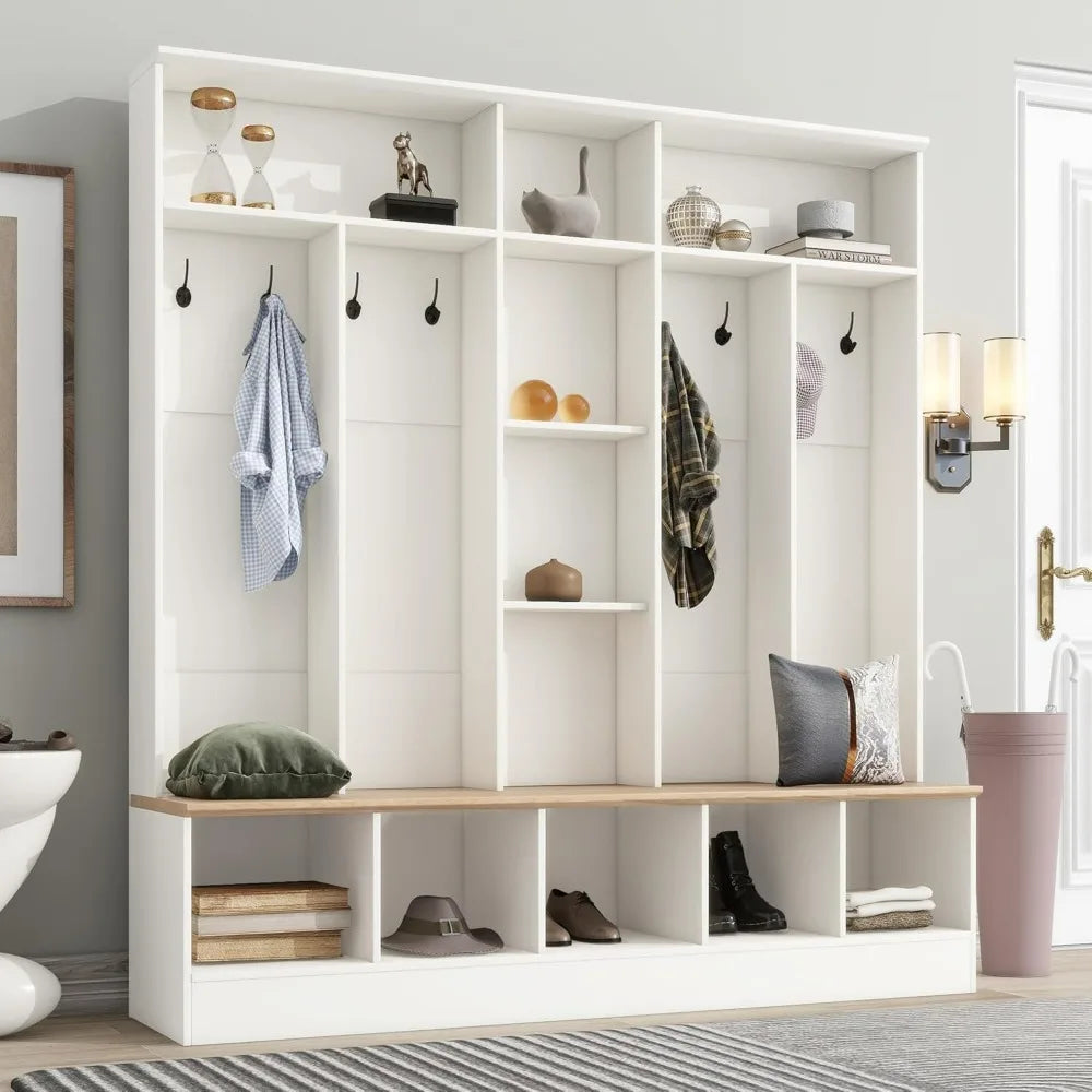 Coat Rack with Storage Bench, Shoe Cabinet with Cube Storage & Shelves, Hall Tree with 8 Hooks for Entryways, Clothes Racks