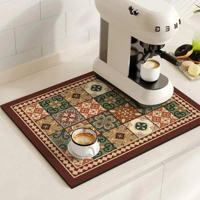 Coffee Maker Mat Retro Dish Drying Mats for Kitchen Non-slip Draining Pad Quick Dry Tableware Placemat Dinnerware Washable