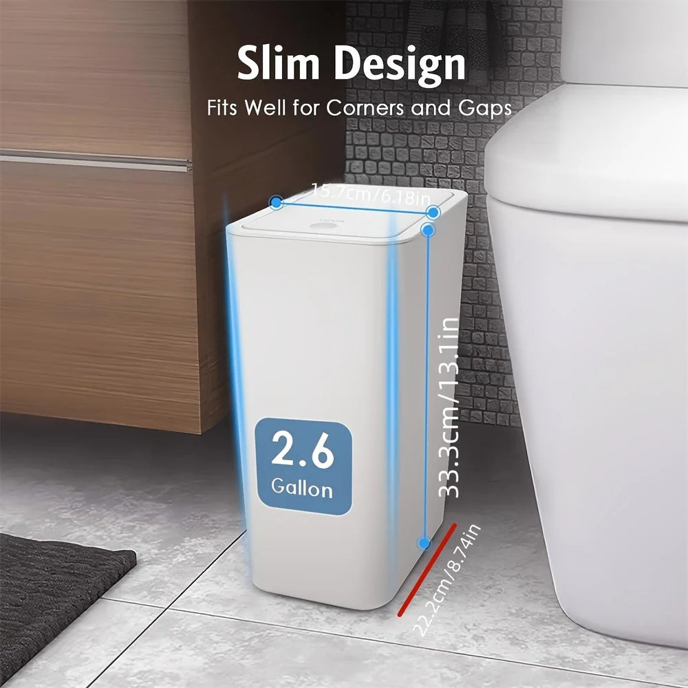 Small Bathroom Trash Can With Lid - 10L/2.6 Gallon Slim Garbage Bin, Plastic Wastebasket For Kitchen/Bedroom/Office/Dorm, Fits U