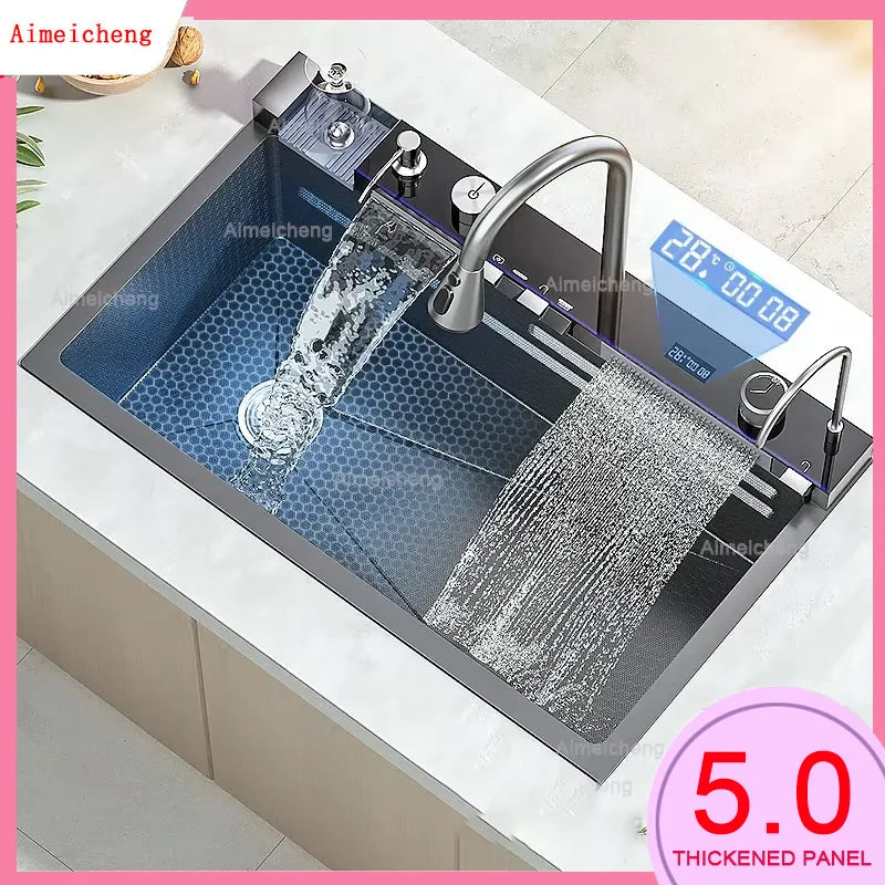 Stainless Steel Kitchen Sink with Faucet Digital Display Large Single Bowl Waterfall Rain 5 Functions System Dish Basin Sink