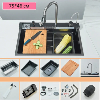 Nano Kitchen Sink 201 Stainless Steel Kitchen Waterfall Sink Digital Display Large Single Sink Dish Basin  With Faucet