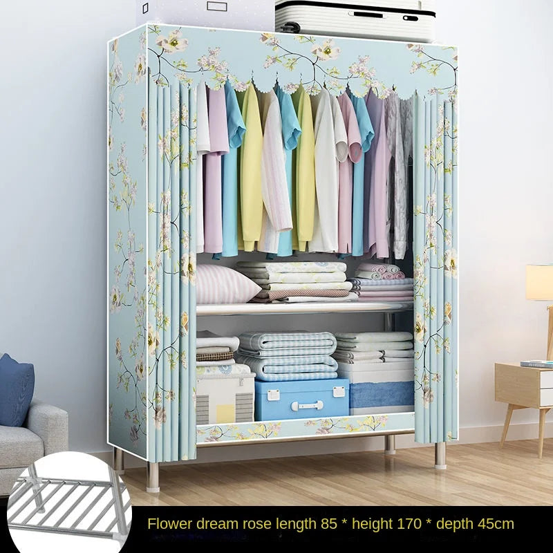 Simple Wardrobe Cloth Closet Furniture For Home Household Bedroom Assembly Cabinet Steel Pipe Reinforced Storage Rack Wardrobe