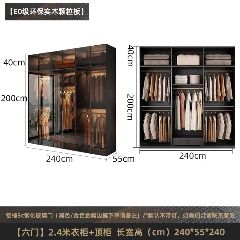 Solid wood wardrobe, bedroom home glass door L-shaped modern light luxury corner cloakroom storage cabinet combination wardrobe