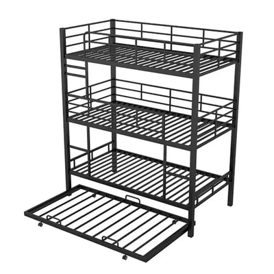 Triple Bunk Bed with Trundle Metal 3 Single Beds 2 Ladders Safety Rails Sturdy & Stylish Twin/Twin/Twin Space-Saving Design