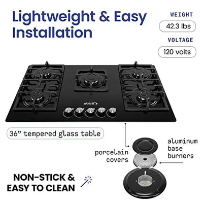 Gas Cooktop 36" 5 Sealed Burners Tempered Glass Surface Natural Gas Stove Countertop Installation Manual Included