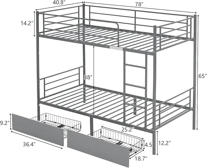 Bunk Bed Twin Over Twin with 2 Storage Drawers, Bunk Bed with Built-in Ladder and Safety Guardrail, Space-Saving Twin Bunk Beds