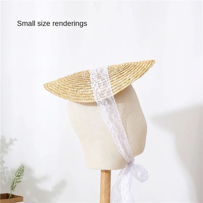 French Style Lolita Straw Hat Victorian Bonnet Handmade Beach Hat Sweet Lace-up Hair Accessories Girl Sun Hat