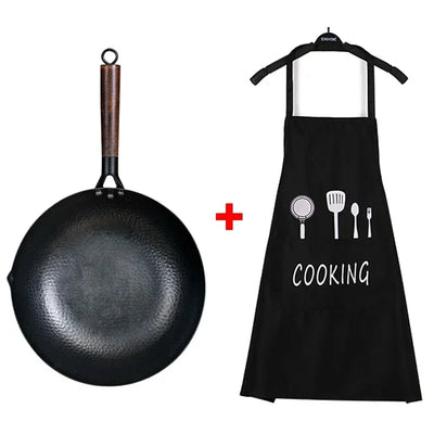 Carbon Steel Wok Pan 32cm Stir Fry Wok Set with Wooden Lid Non-Stick Flat Bottom Frying Pan for Electric Induction and Gas Stove