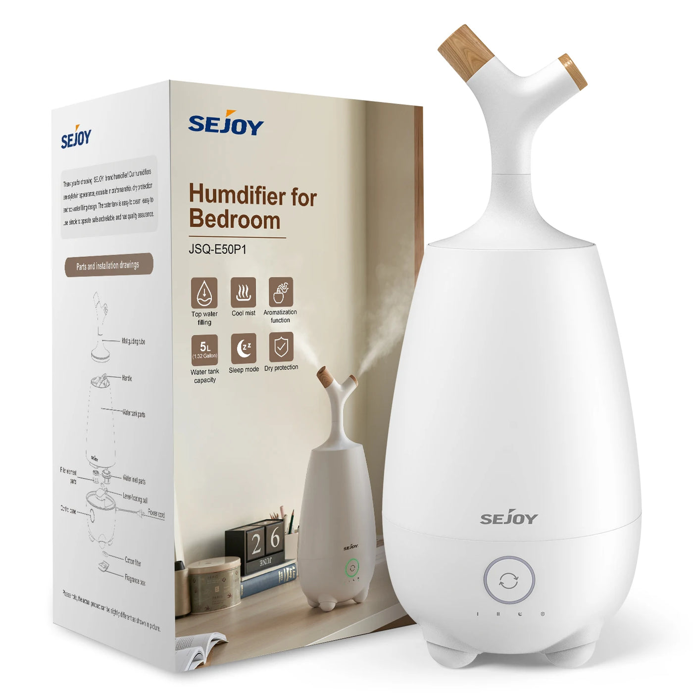 Sejoy Home Aromatherapy Air Humidifier Diffuser for Bedroom 5L Smart Ultrasonic Mist H2O Oil Diffuser Dual Spray Fogger