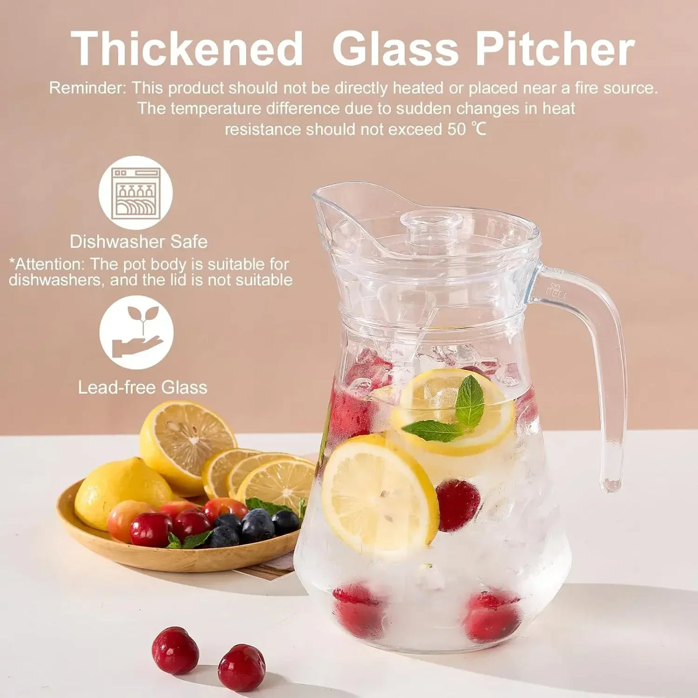 2pcs Clear Iced Water Jug with Lid and Handle, Heat Resistant  Tea Pitcher for Juice, Milk, Cold or Hot Beverages- Very Durable,