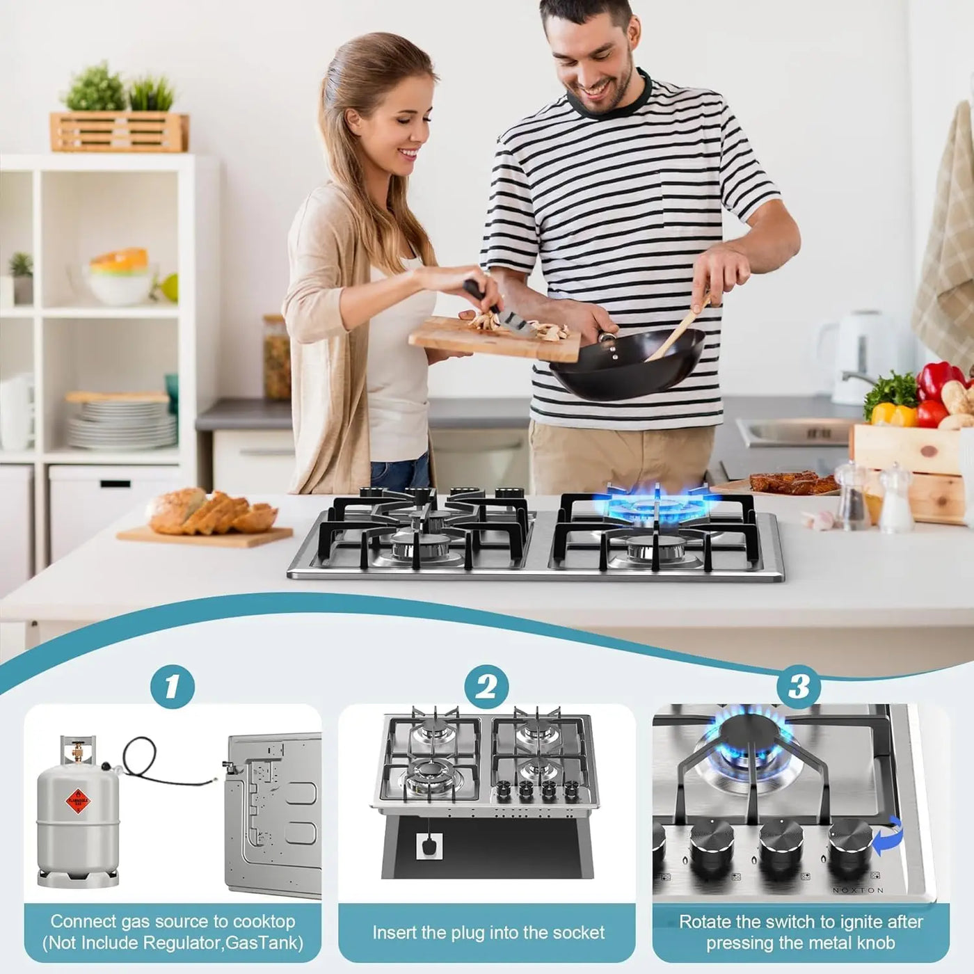 4 Burners Gas Stove Top, LPG/NG Dual Fuel Built-in Gas Hob, Flame Out Protection Prevent Gas Leakage