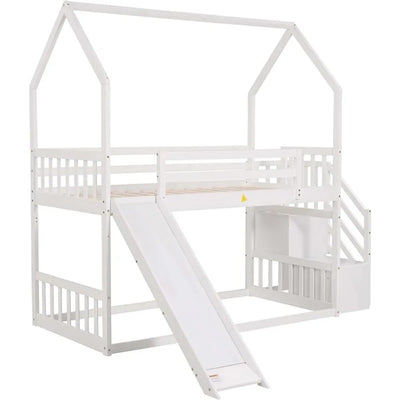 House Bunk Bed with Convertible Slide and Storage Staircase, Wood Twin Over Twin Bunk Bed Frame, No Box Spring Needed (White)