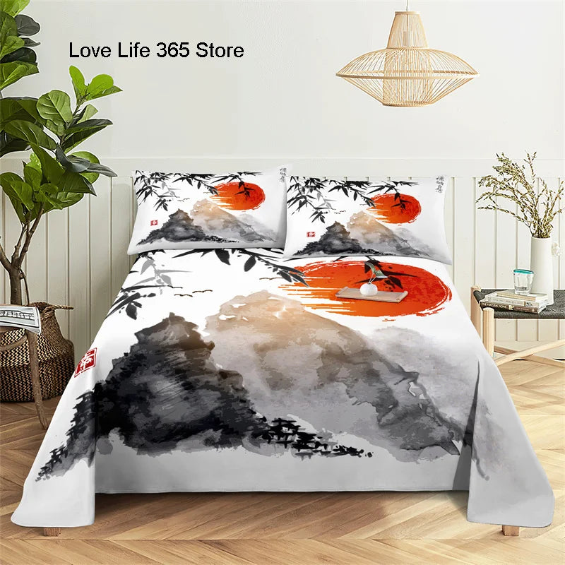 Chinese Ink And Wash Flat Sheet Bedding Digital Printing Polyester Full Size Set Cover With Pillowcase Printed Bedroom Decor