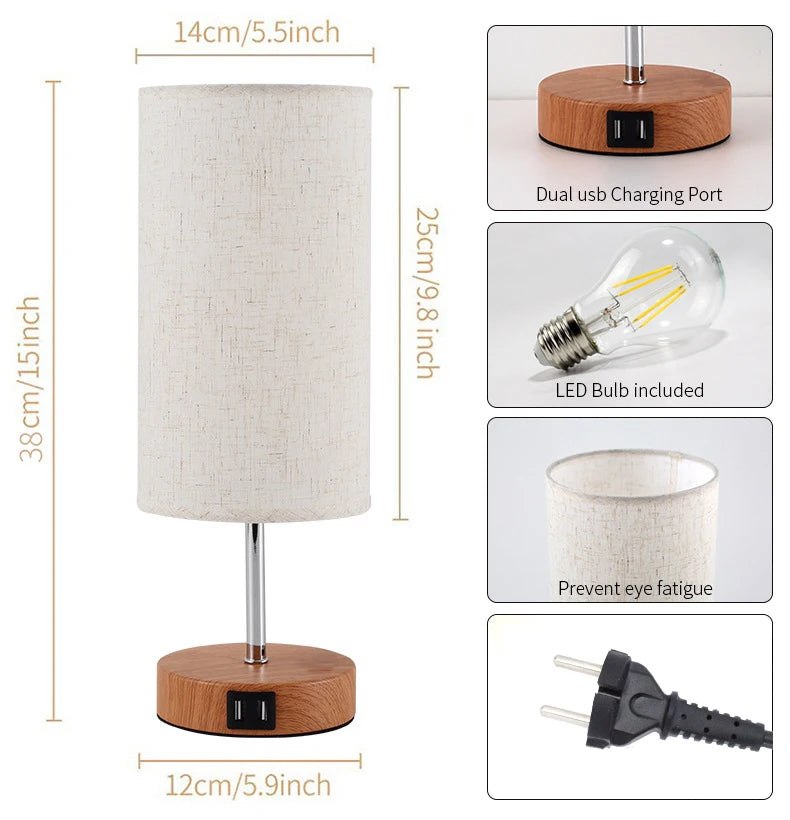 Dimmable Bedside Lamp Table Lamp with USB Charging Port Reading Nightstand Lamp Lampshade for Bedroom Decoration Light Fixture