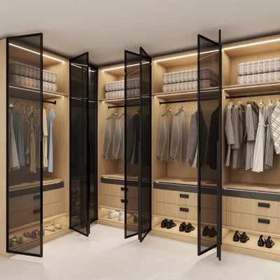 Luxury Wardrobe Furniture New Modern Bedroom Wardrobe Designs Wooden Glass Closet Wardrobe with Aluminum Frame Glass Doors