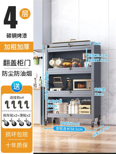 Modern Carbon Steel Kitchen Cabinets Home Storage Cabinet Multi-functional Multi-layer Microwave Oven Floor Rack with Flip Door