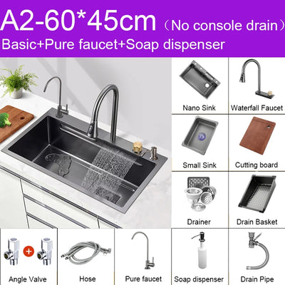 Multifunction Black Nano Kitchen Sink Waterfall Faucet Large Single Bowl Cup Washer Pure Tap Soap Dispenser 304 Stainless Steel