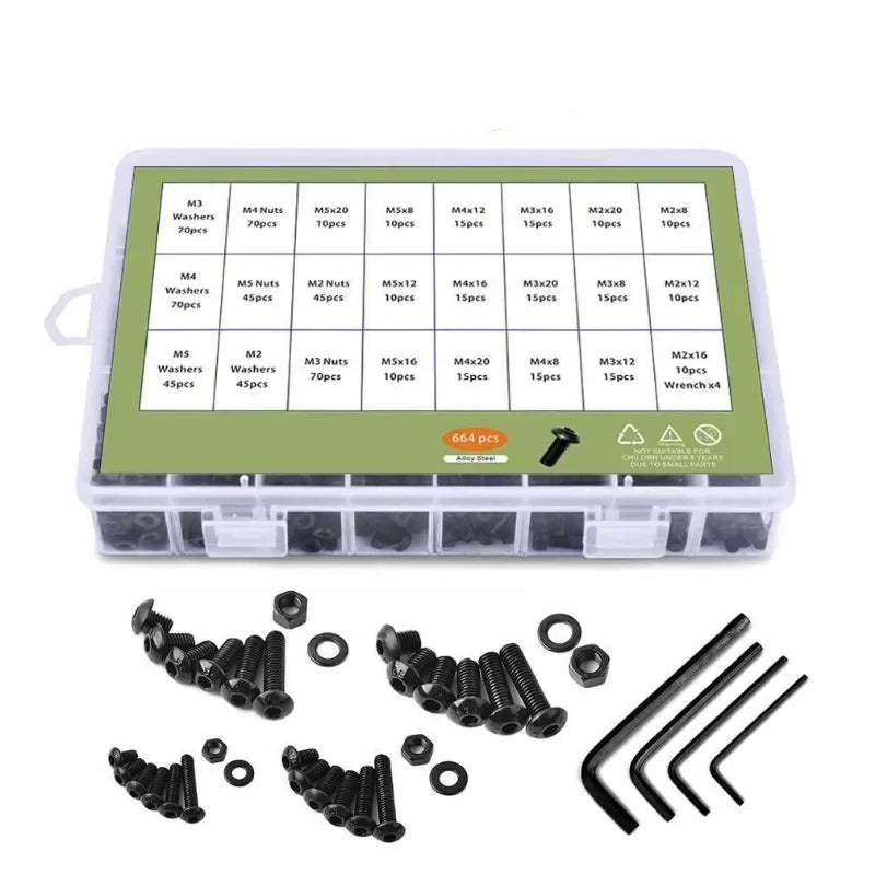 664Pcs Screw Nuts Set Carbon Steel Screws Nuts Washers with Wrench Kit Allen Hexagon Screw Nut Tools M2 M3 M4 M5 Fasteners Kit