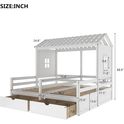 Twin Double Shared Bed,Twin Size House Platform Beds with Two Drawers for Boy and Girl Shared Bed, Montessori House Beds Frame