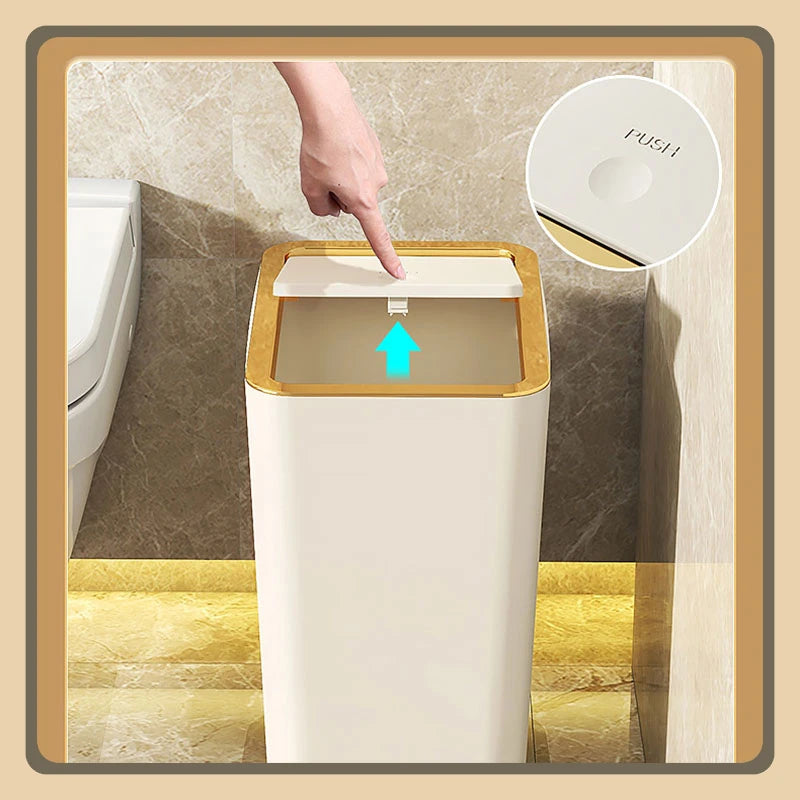 Trash Can with Lid Semi Automatic Large Capacity Garbage Bin Toilet Living Kitchen Bedroom Press Plastics Trash Bin Home Supply