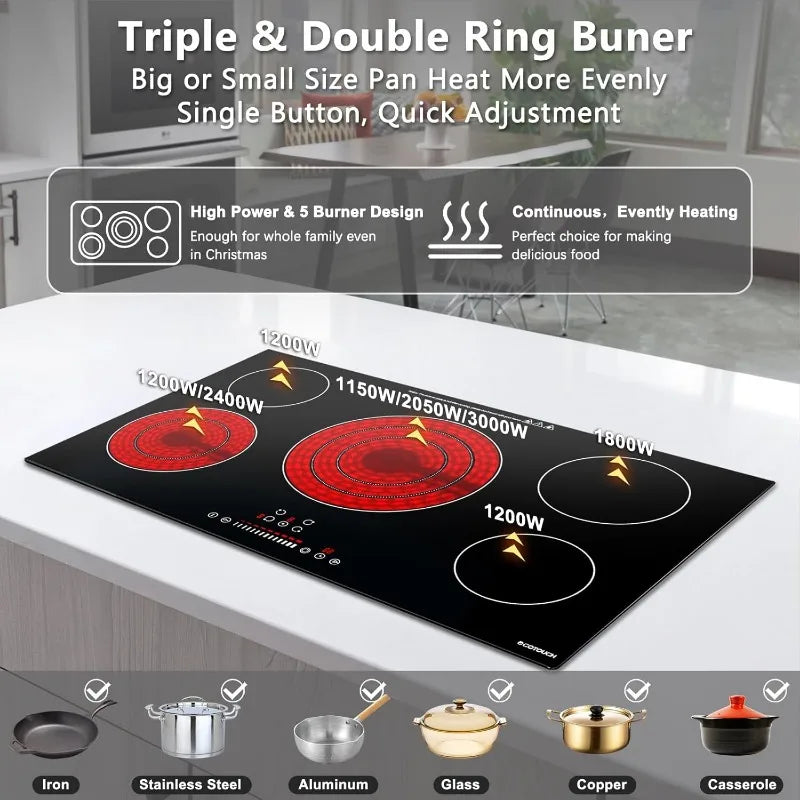 Electric Cooktop 36 Inch, ECOTOUCH Built-in Electric Cooktop 5 Burner Stove Top, 36" Radiant Electric Cooktop Stovetop