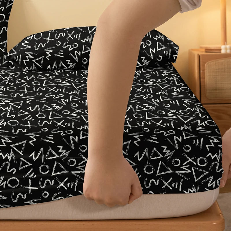 1 black background matte bed sheet with random patterns, bedroom printed bed cover, bedding (excluding pillowcases)