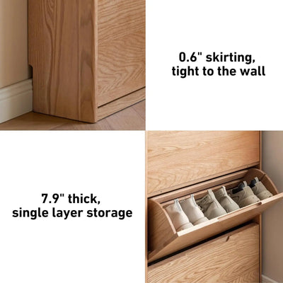 Oak Wood Shoe Storage Cabinet, Shoe Organizer for Entryway with 3 Flip Doors, 7.9" W Slim Freestanding Shoe Organizer Cabinet fo