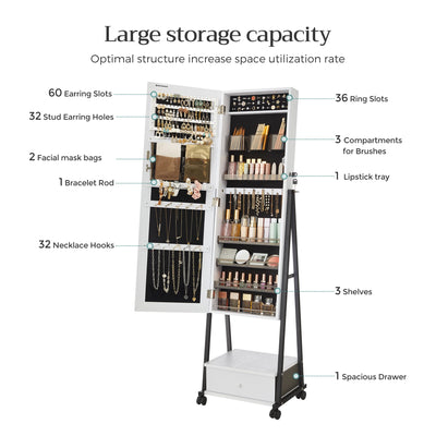 SONGMICS Jewelry Cabinet Floor Standing, Lockable Jewelry Organizer with High Full-Length Mirror, Bottom Drawer, Shelf, Wheels