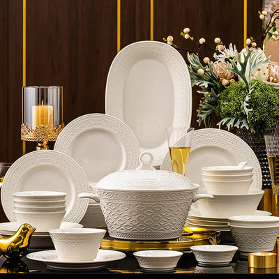 Luxury White Nordic Relief Sculpture Ceramic Tableware Ceramics Dishes Salad Soup Bowl Flat Plates Serving Tray Dinnerware Set