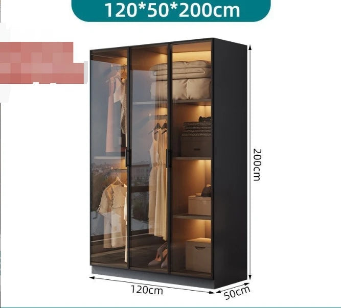 Design Black High Gloss Lacquered Wardrobe Dark Style Walk-in Wardrobe Clothes Bedroom Furniture with Glass Doors