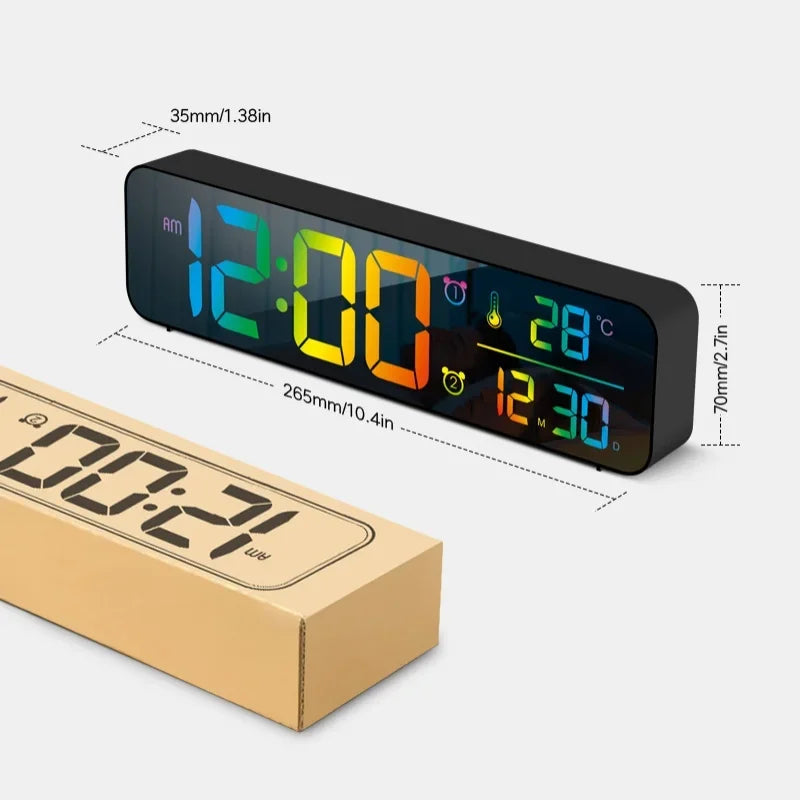 Large Music Digital Wall Clock Temperature Date 5 Level Brightness 12/24H 2 Alarms USB Powered Mirror LED Alarm Clock