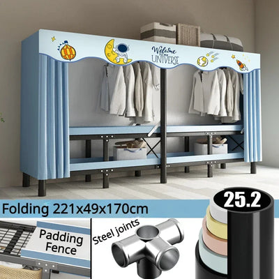 Folding Wardrobe Installation-Free Foldable Closet with Screen Curtain Simple Durable Steel Frame Cloth Wardrobe Dustproof Shelf