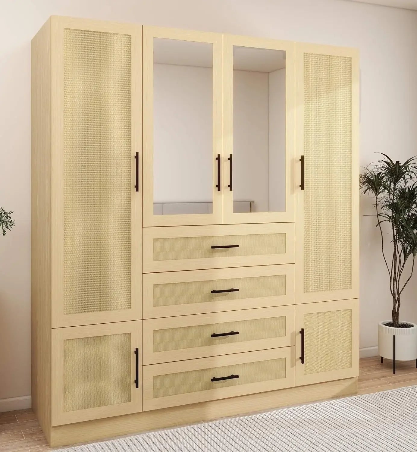 Wardrobe Closet, Bedroom Armoires Cabinet Wooden with Hanging Rod Inside Cabinet and Drawers