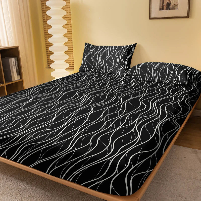 1 piece of black background white wave pattern matte bedsheet, bedroom printed bedspread, bedding (excluding pillowcases)