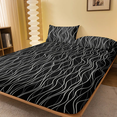 1 piece of black background white wave pattern matte bedsheet, bedroom printed bedspread, bedding (excluding pillowcases)