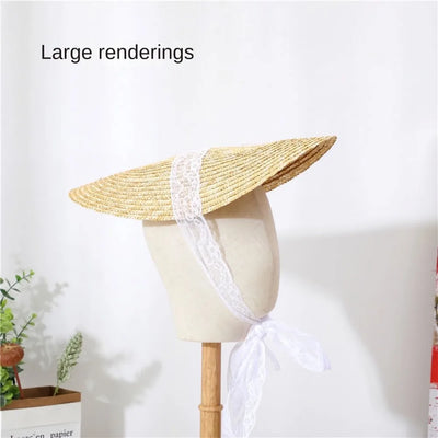 French Style Lolita Straw Hat Victorian Bonnet Handmade Beach Hat Sweet Lace-up Hair Accessories Girl Sun Hat