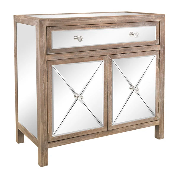 Rustic Drawer Cabinet with Mirror Surface, Half Glass, One Drawer, Two Doors, FCH Silver MDF Side Cabinet