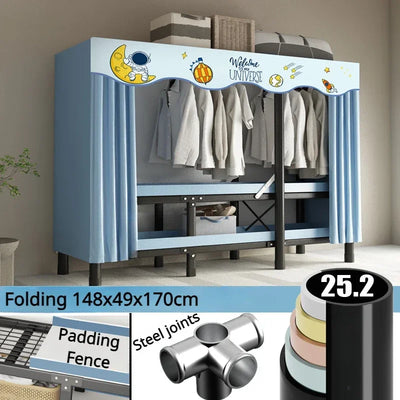 Folding Wardrobe Installation-Free Foldable Closet with Screen Curtain Simple Durable Steel Frame Cloth Wardrobe Dustproof Shelf