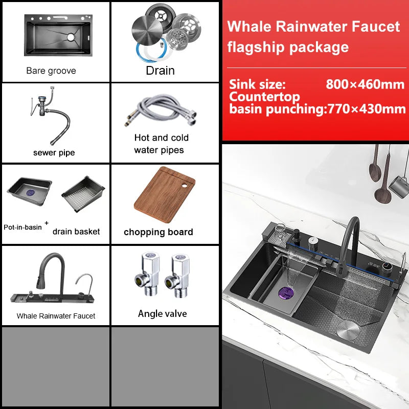 Stainless Steel Kitchen Sink With Waterfall 100x50cm Extra Large Single Bowl Digital Display Multifunctional Dishwashing Sinks