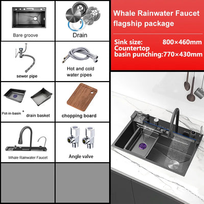 Stainless Steel Kitchen Sink With Waterfall 100x50cm Extra Large Single Bowl Digital Display Multifunctional Dishwashing Sinks