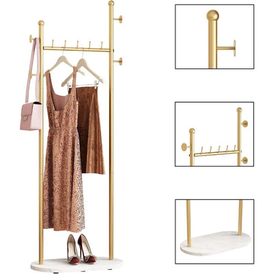 Gold Clothing Racks with Marble Base Modern Gold Coat Racks Freestanding Gold Clothes Rack with Shelves for Bedroom