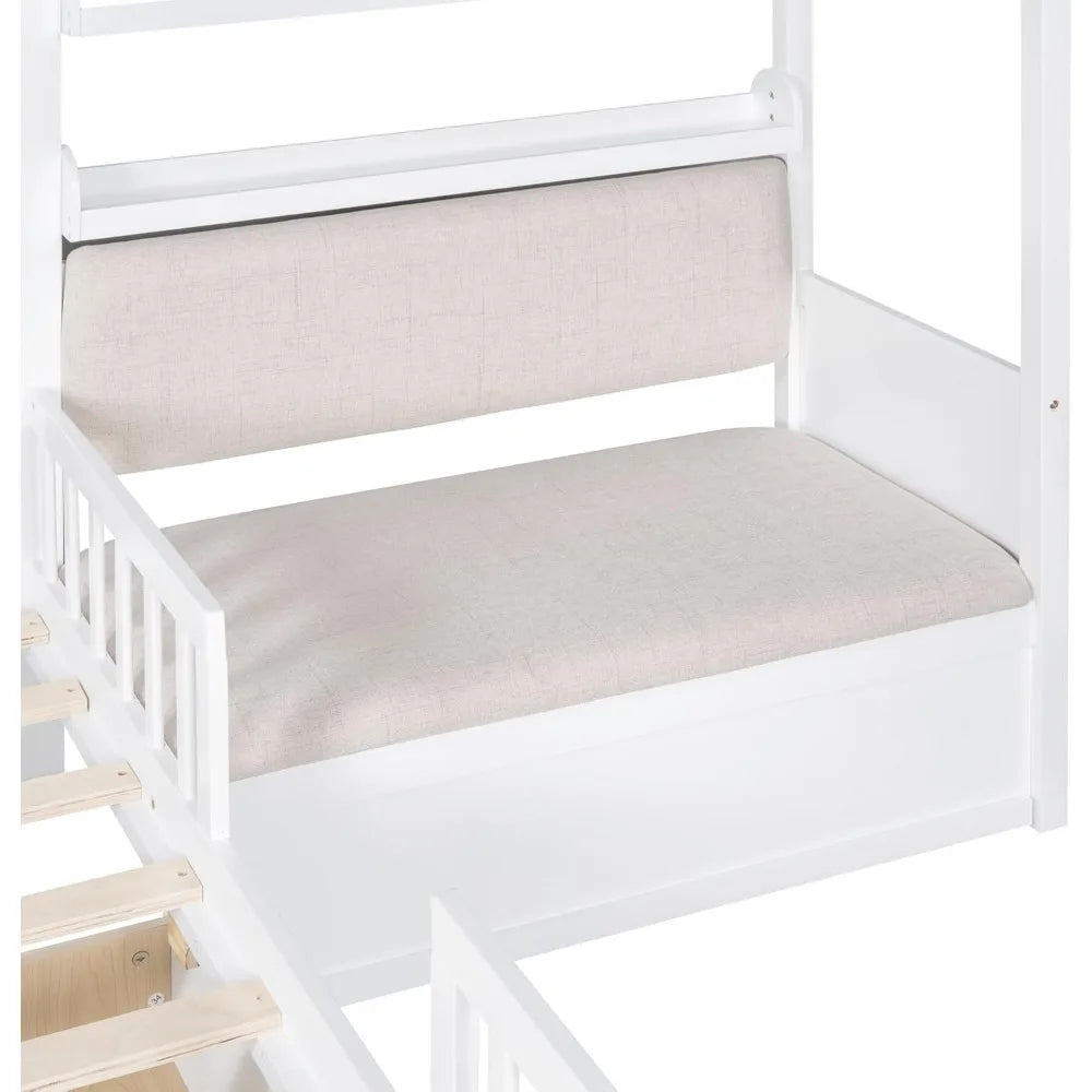 Kids Twin House Bed Frame with Upholstered Sofa and 2 Drawers, Wood Montessori Bed with Storage Shelves and Tall Rails