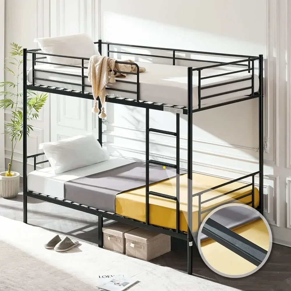 Bunk Bed Twin Over Twin for Kids, Teens & Adults Bunk Bed with Stairs & Flat Rungs, Heavy Duty Metal Slats, Black Beds